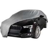 Grey Sealey 3-layer car cover, extra large, draped over a black car, showcasing durable fabric and snug fit.
