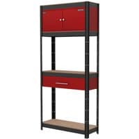 Sealey AP830R 4-tier shelving unit with red cupboard, drawer, and black frame.