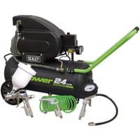 Black Sealey 24ltr compressor with green handle, 2hp motor, and 4pc air accessory kit including hose and spray gun.