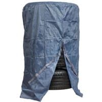 Blue Sealey cover for wheel storage trolleys, draped over stacked tires with front opening and secure straps.