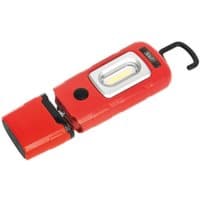 Red Sealey LED3601R inspection lamp with 360° rotation, rechargeable battery, and hook for hanging.