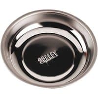 Sealey Magnetic Parts Holder, 150mm diameter, round stainless steel tray with embossed Sealey logo in the center.