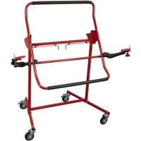 Red Sealey MK81 adjustable bumper stand with black grips, swivel casters, and adjustable arms.