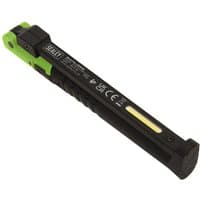 Black and green Sealey rechargeable folding pocket inspection light with LED strip and textured grip handle.