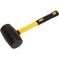 Black rubber mallet with a yellow and black fibreglass shaft, featuring a rounded head and ergonomic grip.