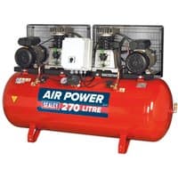 Red Sealey SAC2276B air compressor with dual motors, black protective grills, and "Air Power 270 Litre" label.