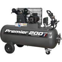 Gray Sealey air compressor with 200-liter tank, dual wheels, black motor, and "Premier 200" branding.