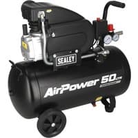 Black Sealey air compressor with 50L tank, direct drive motor, pressure gauges, and wheels for mobility.
