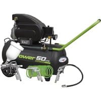 Black Sealey air compressor with green handle, 50L tank, pressure gauge, and attached spray gun and hose.