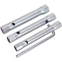 Sealey spark plug box spanner set, 3-piece, long reach, silver, double-ended with hexagonal openings and a metal rod.