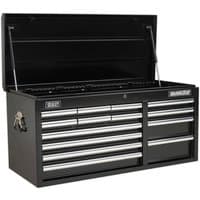 Black Sealey Superline Pro tool chest with 14 drawers, silver handles, and heavy-duty design.