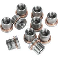 Pack of 10 Sealey M9 x 1.25mm thread inserts, silver with ribbed sides and copper-colored rings.