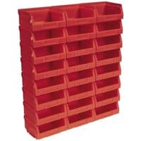 Red Sealey plastic storage bins, 105x85x55mm, stackable, pack of 24, open front for easy access.