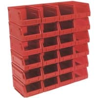 Red Sealey plastic storage bins, stackable, open-front design, 105x165x85mm, pack of 24.