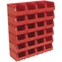 Red Sealey plastic storage bins, stackable, open front, 150x240x130mm, pack of 24, arranged in a grid.