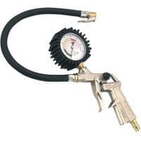 Sealey tyre inflator with metal body, black hose, clip-on connector, and round pressure gauge with protective rubber casing.