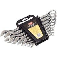 Silver Siegen 8-piece Whitworth combination spanner set with black plastic holder and labeled yellow card.