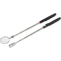 Telescopic magnetic LED pick-up tool and inspection mirror with black grips and extendable silver rods.