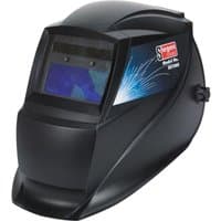 Black Siegen welding helmet with auto-darkening shade 11, featuring a blue arc design and adjustable headband.