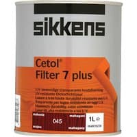 Sikkens Cetol Filter 7 Plus translucent woodstain, orange and white can, 1L, mahogany color label.