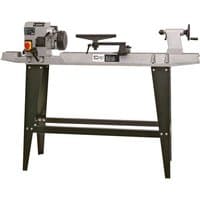 SIP 12" x 36" Swivel Head Wood Lathe, metallic body, black legs, adjustable tool rest, motor on left.