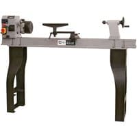 Gray SIP 14" x 43" swivel head wood lathe with black legs, motor on left, tool rest in center, and tailstock on right.