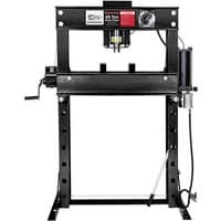 Black SIP 45 TON shop floor press with hydraulic cylinder, pressure gauge, and adjustable bed frame.