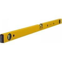 Yellow Stabila spirit level, 120cm, with three vials and black end caps.