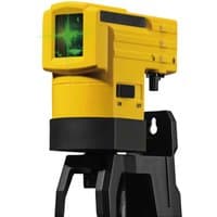 Yellow Stabila LAX 50 G cross line green laser level with black base and green laser beam.