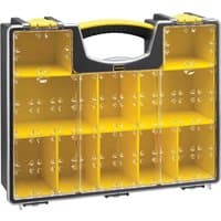 Black and yellow Stanley deep organiser with 8 clear compartments and a sturdy black handle.