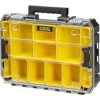 Yellow Stanley FatMax Pro Stack organiser case with clear lid, black handle, and multiple compartments.