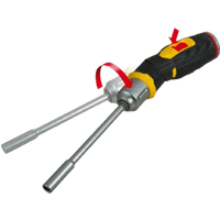 Black and yellow Stanley FatMax screwdriver with dual-position wrench and ergonomic handle.