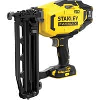 Yellow and black Stanley FatMax V20 18V finish nailer with ergonomic grip and visible nail magazine.