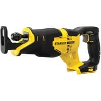 Yellow and black Stanley Fatmax V20 18V cordless reciprocating saw, ergonomic handle, and tool-free blade change.