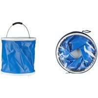 Blue Stanley FATMAX V20 20L foldable bucket with black handle, shown expanded and collapsed.
