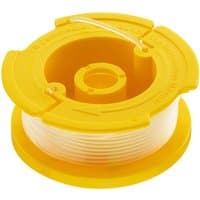 Yellow Stanley FatMax spool with 1.6mm x 9m white line, circular design, and central hole for easy mounting.