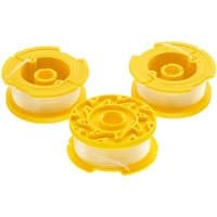 Yellow Stanley FatMax spools with white 1.6mm x 9m line, set of three, circular design with central hub.