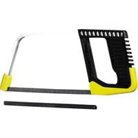 Black and yellow Stanley Junior Hacksaw with a metal frame and ergonomic handle.