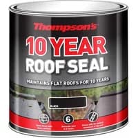 Thompsons 10 Year Roof Seal Black 4L can with red and white label, showing roof images and durability text.