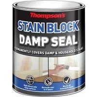 Thompsons Damp Seal White 2.5L can, black label with blue and white text, red Thompsons logo.