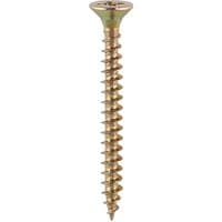 Yellow double countersunk chipboard screw with PZ drive, spiral threads, and pointed tip, 5.0 x 70mm by TIMCO.