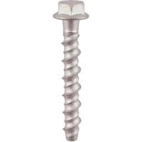 Silver TIMCO hex flange masonry bolt with spiral thread design, 6.0 x 50mm, exterior use, box of 100.