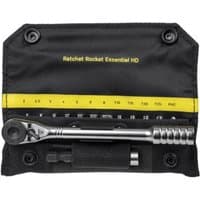 Black Topeak Ratchet Rocket Essential Tool Kit with silver ratchet, bits, and yellow measurement strip in a black pouch.