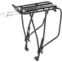 Black Topeak Super Tourist DX Uni bike rack with adjustable legs and disc brake compatibility.