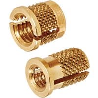 Brass-colored M6 threaded insert nuts with knurled outer surface, pack of 50 by Trend.