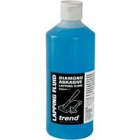 Blue bottle of Trend lapping fluid with white cap and black label featuring diamond abrasive graphic.