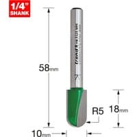 Trend router bit with 5mm radius, 18mm cut, silver shaft, green cutting edge, 1/4 inch shank.