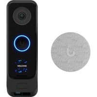 Black Ubiquiti G4 Doorbell with camera, LED ring, and digital display, includes round silver PoE kit.