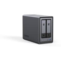 Black Ugreen NAS desktop with dual drive bays, silver trim, and front LED indicators.