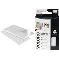 White Velcro Heavy Duty Stick On Strips with adhesive backing, shown with packaging displaying usage examples.